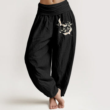 Breathable Cotton Crane Print Mindful Harem Pants