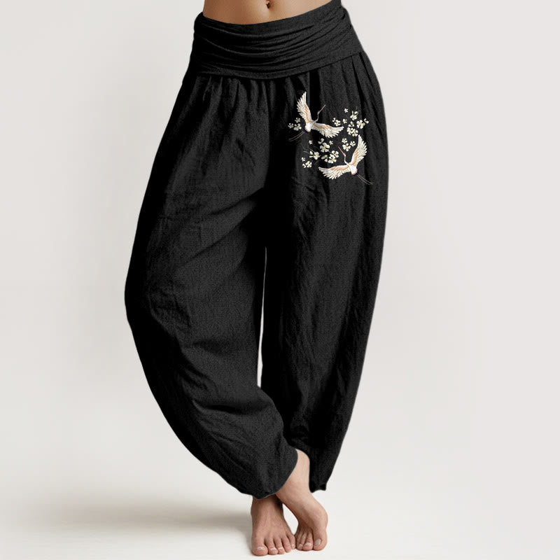 Breathable Cotton Crane Print Mindful Harem Pants
