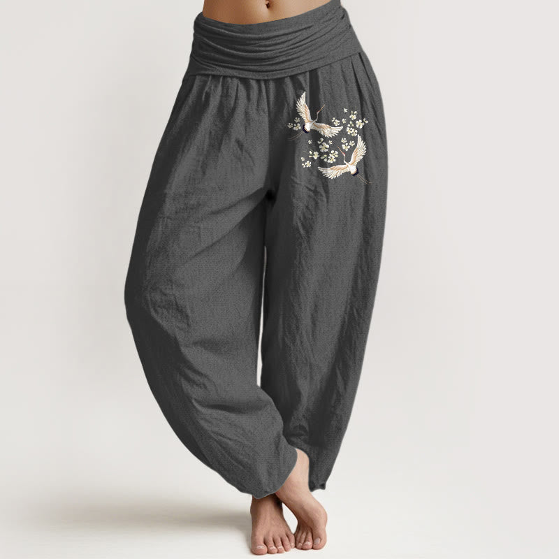 Breathable Cotton Crane Print Mindful Harem Pants