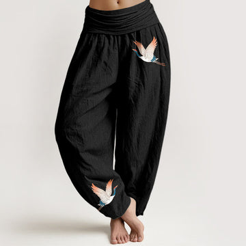 Two Graceful Cranes Pattern Pure Cotton Women's Elastic Waist Harem Pants