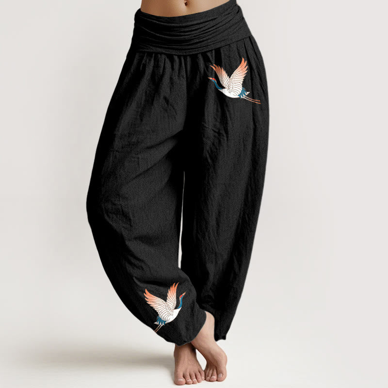 Two Graceful Cranes Pattern Pure Cotton Women's Elastic Waist Harem Pants