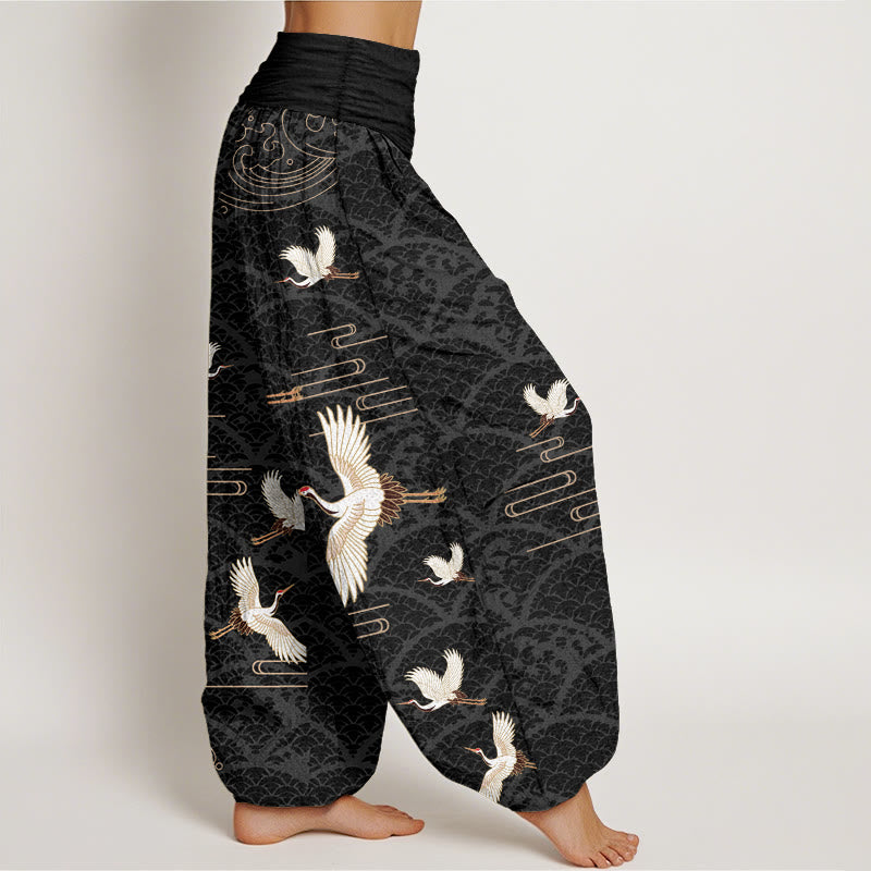 Cotton Crane Print Harem Pants with Modal Elastic Waistband