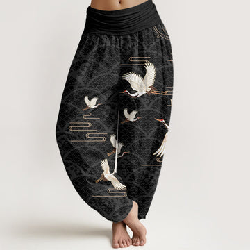 Cotton Crane Print Harem Pants with Modal Elastic Waistband