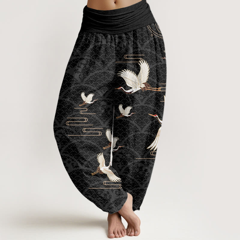 Cotton Crane Print Harem Pants with Modal Elastic Waistband