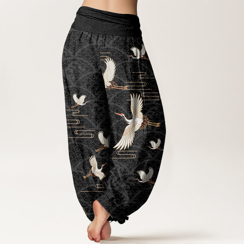 Cotton Crane Print Harem Pants with Modal Elastic Waistband