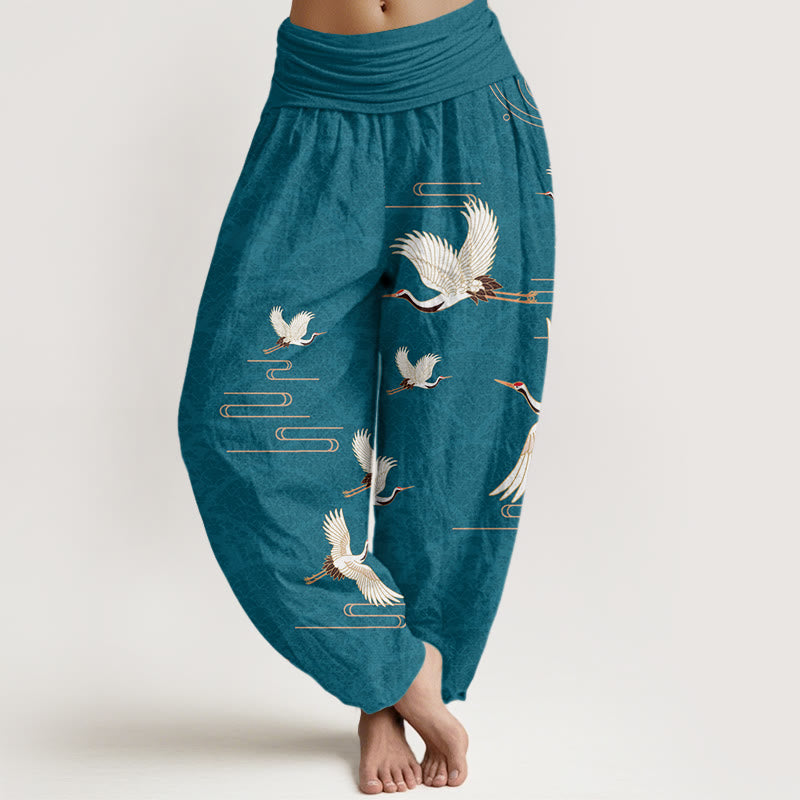 Cotton Crane Print Harem Pants with Modal Elastic Waistband
