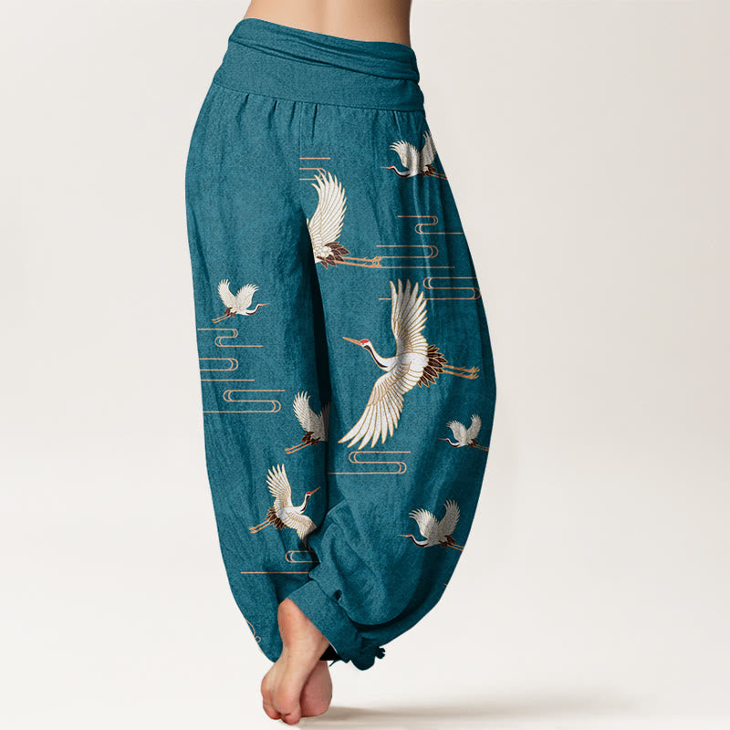 Cotton Crane Print Harem Pants with Modal Elastic Waistband