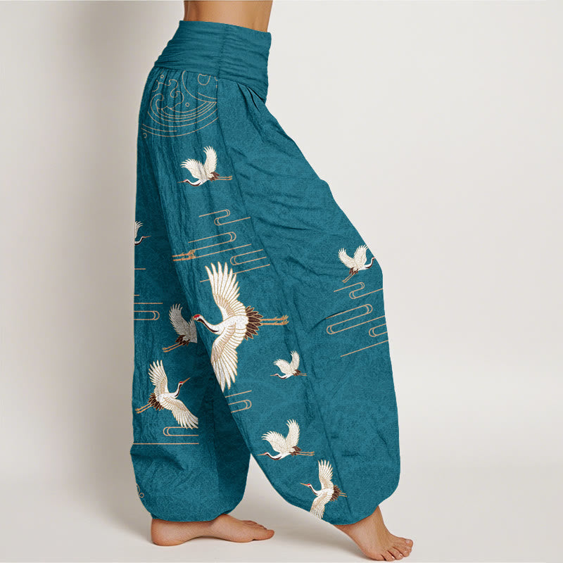 Cotton Crane Print Harem Pants with Modal Elastic Waistband