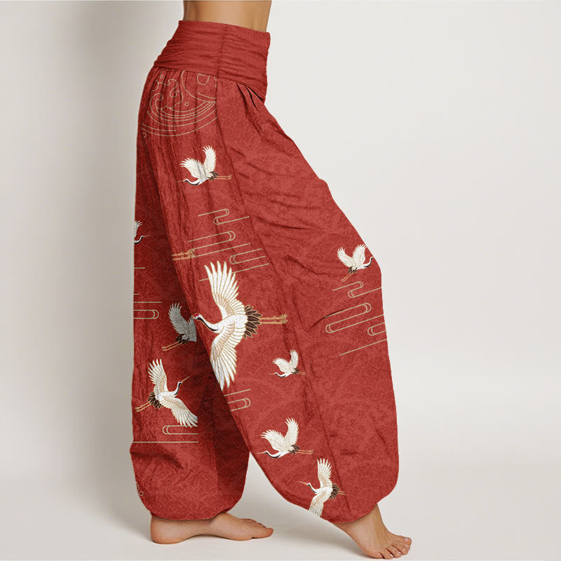 Cotton Crane Print Harem Pants with Modal Elastic Waistband