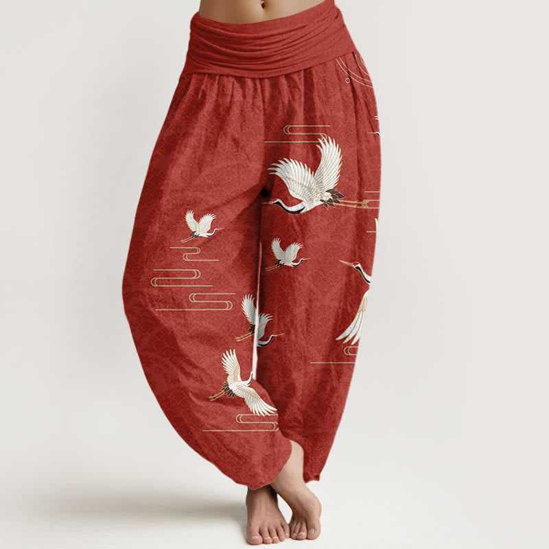 Cotton Crane Print Harem Pants with Modal Elastic Waistband