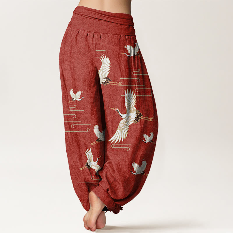 Cotton Crane Print Harem Pants with Modal Elastic Waistband