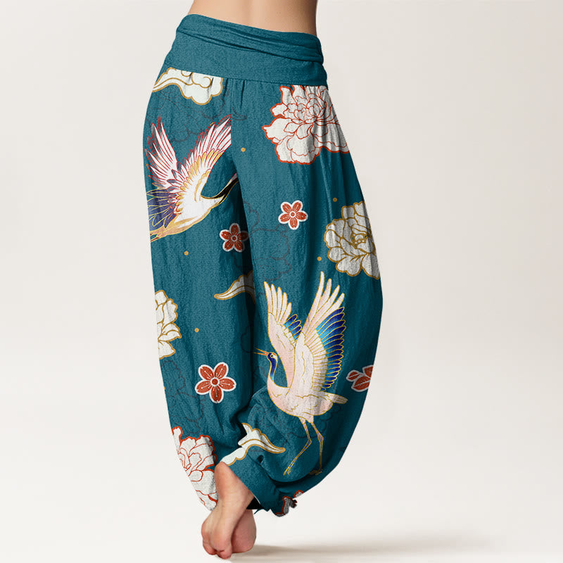 Print Cranes Peonies Pattern Women's Elastic Waist Harem Pure Cotton Pants