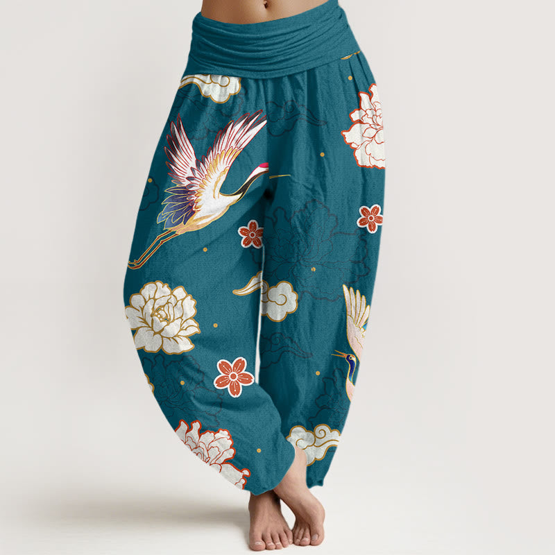 Print Cranes Peonies Pattern Women's Elastic Waist Harem Pure Cotton Pants