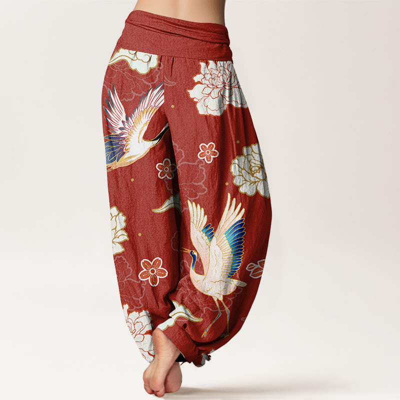 Print Cranes Peonies Pattern Women's Elastic Waist Harem Pure Cotton Pants