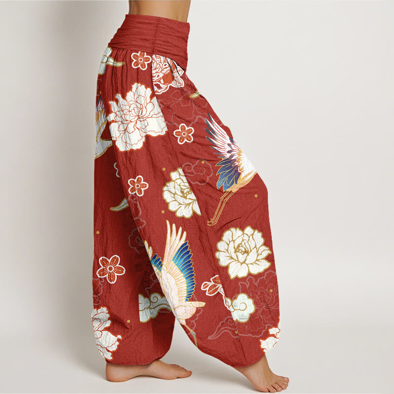 Print Cranes Peonies Pattern Women's Elastic Waist Harem Pure Cotton Pants