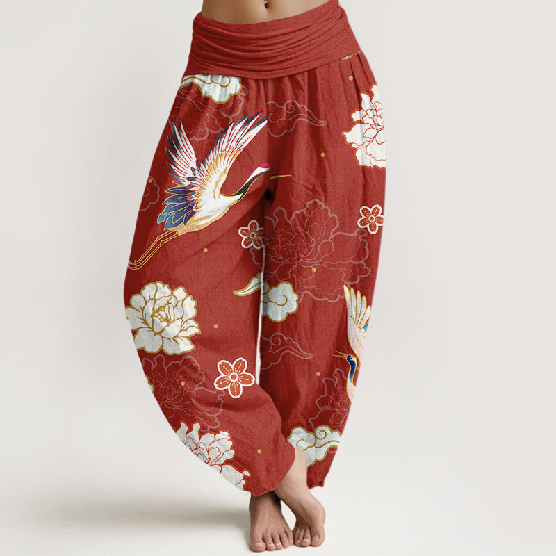 Print Cranes Peonies Pattern Women's Elastic Waist Harem Pure Cotton Pants