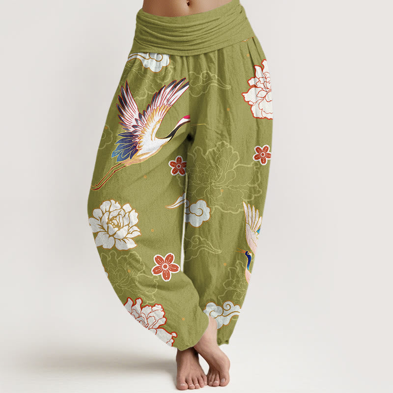 Print Cranes Peonies Pattern Women's Elastic Waist Harem Pure Cotton Pants