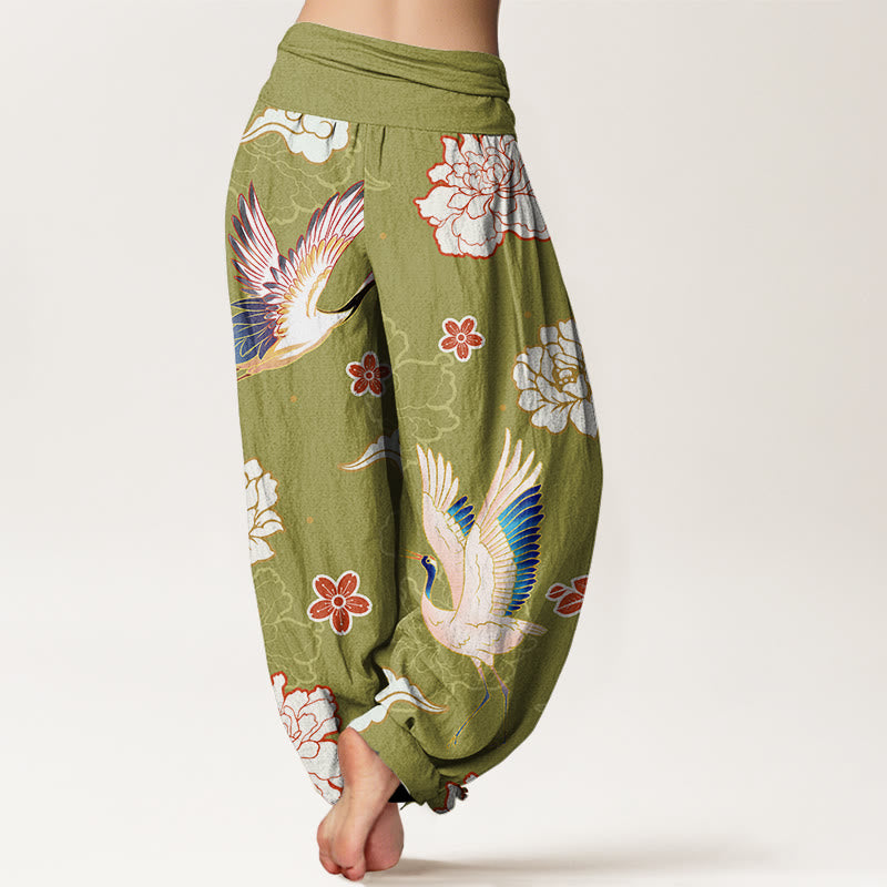 Print Cranes Peonies Pattern Women's Elastic Waist Harem Pure Cotton Pants