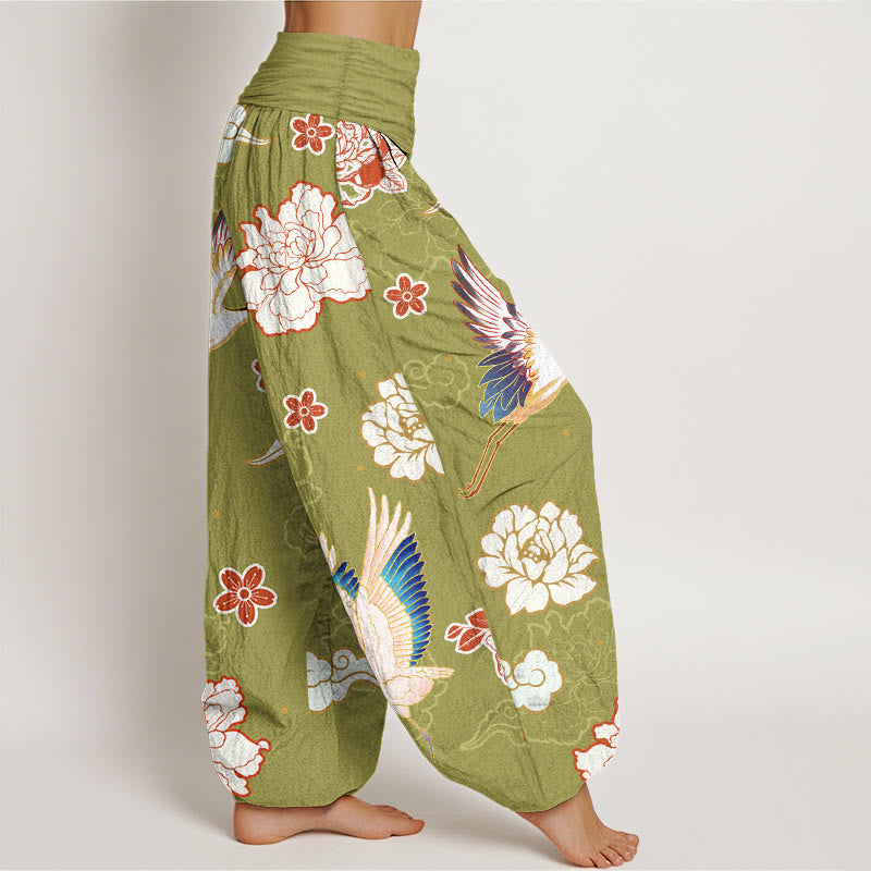 Print Cranes Peonies Pattern Women's Elastic Waist Harem Pure Cotton Pants