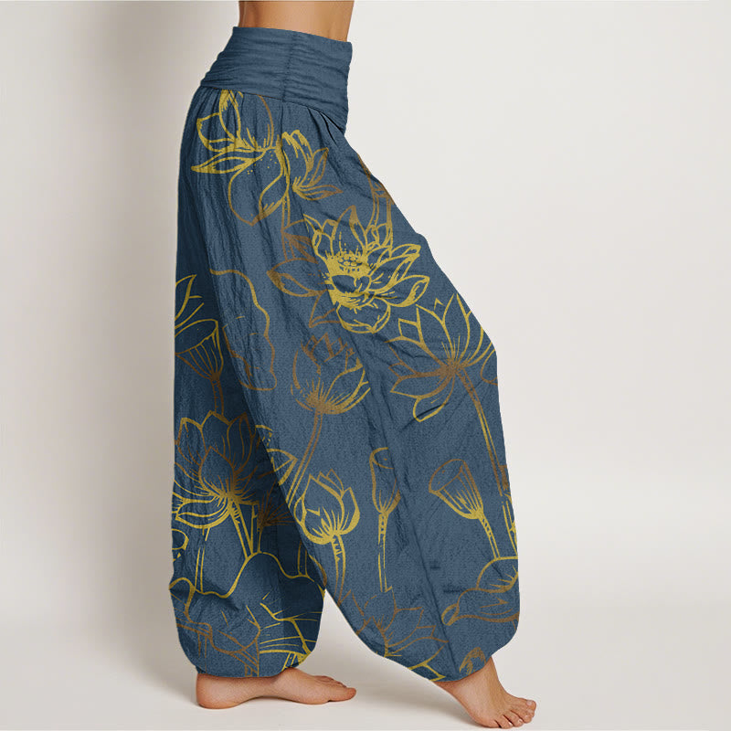 Cotton Lotus Print Harem Meditation Pants with Adaptive Modal Waistband