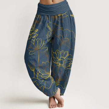 Cotton Lotus Print Harem Meditation Pants with Adaptive Modal Waistband