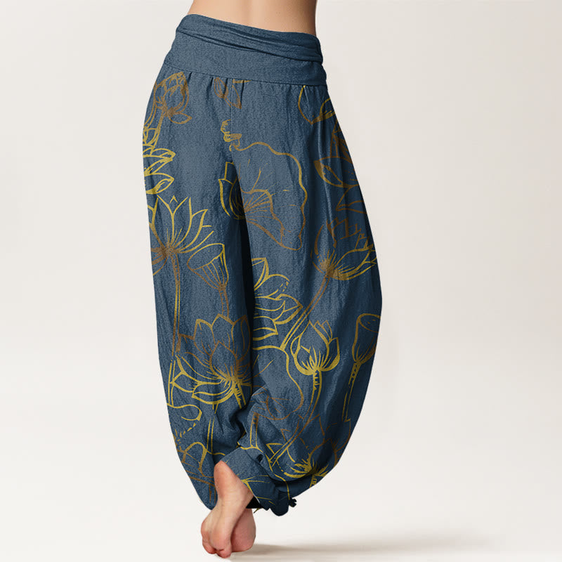 Cotton Lotus Print Harem Meditation Pants with Adaptive Modal Waistband