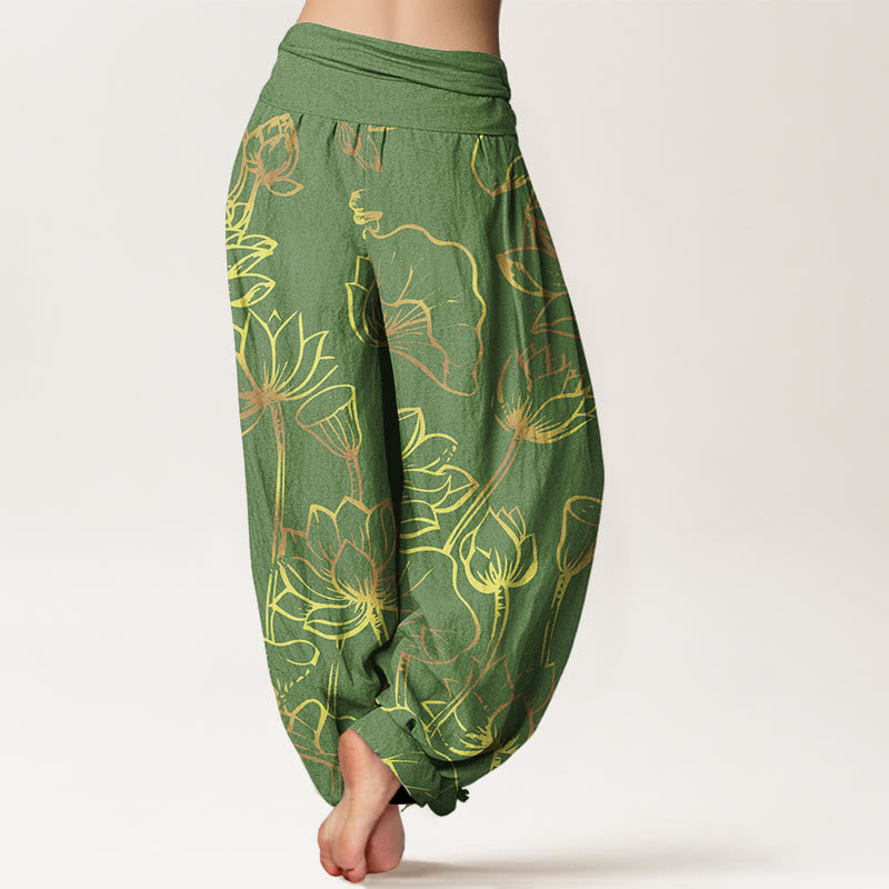 Cotton Lotus Print Harem Meditation Pants with Adaptive Modal Waistband