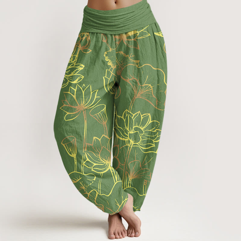 Cotton Lotus Print Harem Meditation Pants with Adaptive Modal Waistband