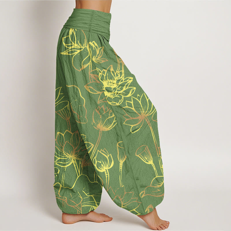 Cotton Lotus Print Harem Meditation Pants with Adaptive Modal Waistband
