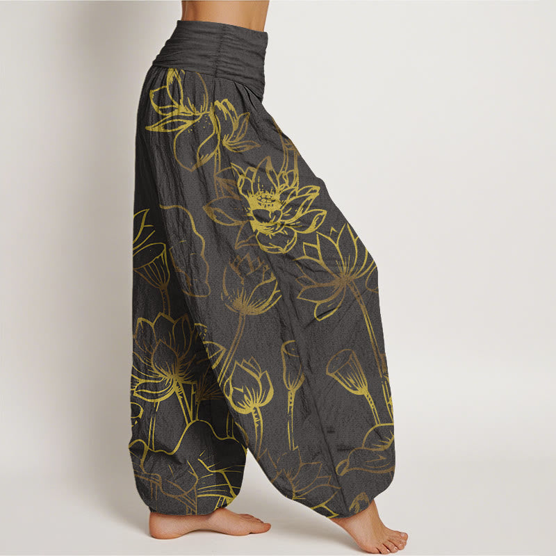 Cotton Lotus Print Harem Meditation Pants with Adaptive Modal Waistband