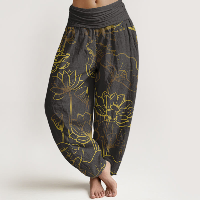 Cotton Lotus Print Harem Meditation Pants with Adaptive Modal Waistband