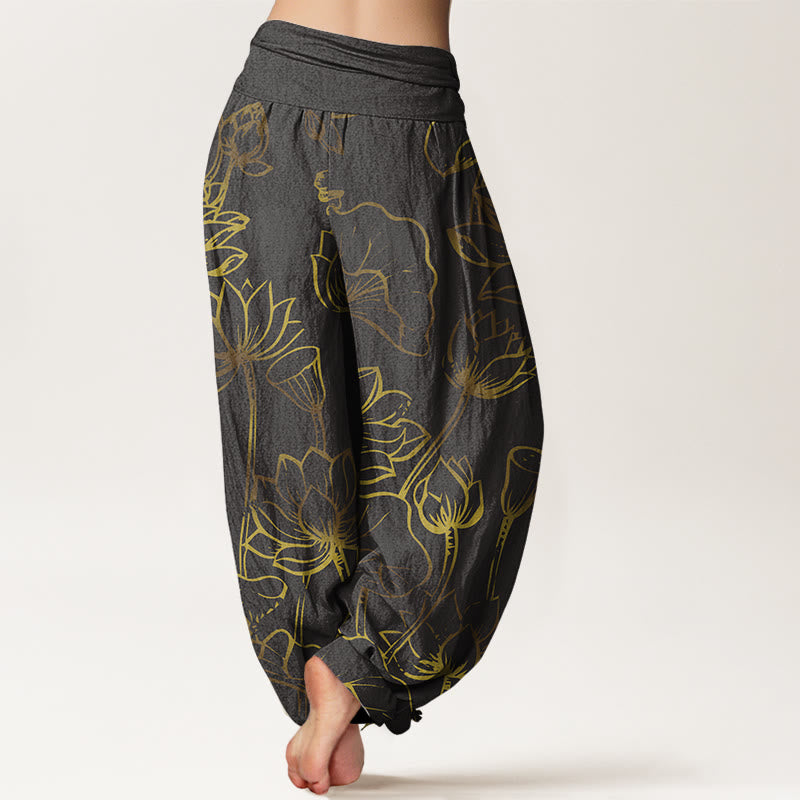 Cotton Lotus Print Harem Meditation Pants with Adaptive Modal Waistband