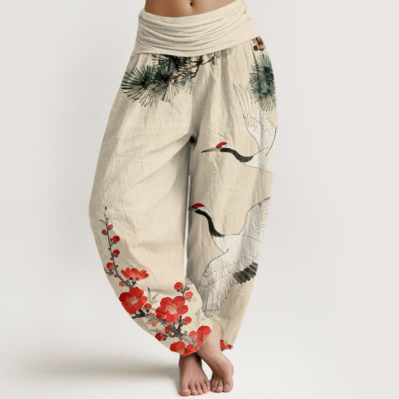 Artisanal Cotton Crane Print Harem Trousers for Mindful Movement