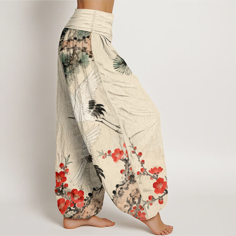Artisanal Cotton Crane Print Harem Trousers for Mindful Movement