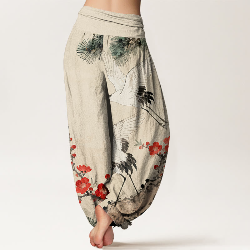 Artisanal Cotton Crane Print Harem Trousers for Mindful Movement