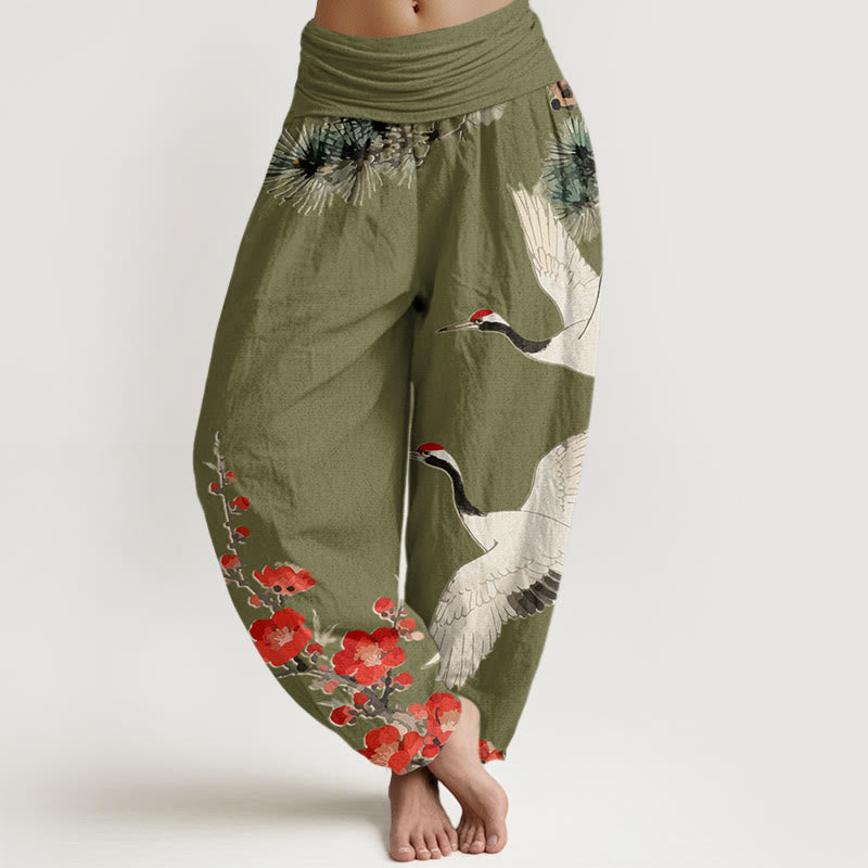 Artisanal Cotton Crane Print Harem Trousers for Mindful Movement