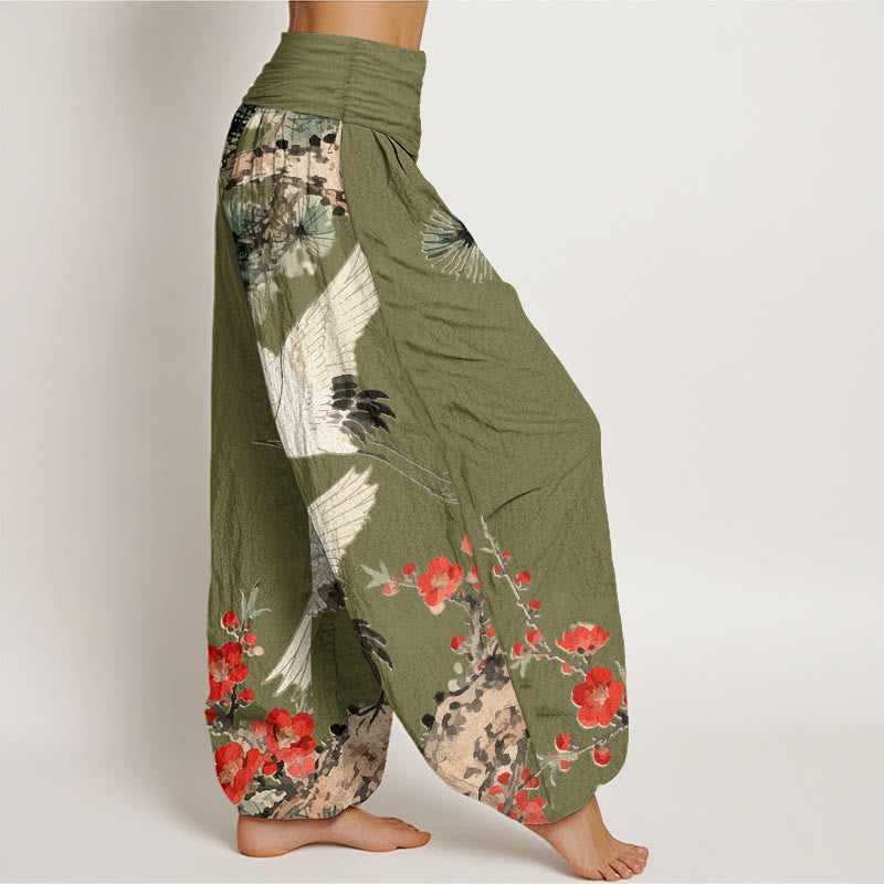Artisanal Cotton Crane Print Harem Trousers for Mindful Movement