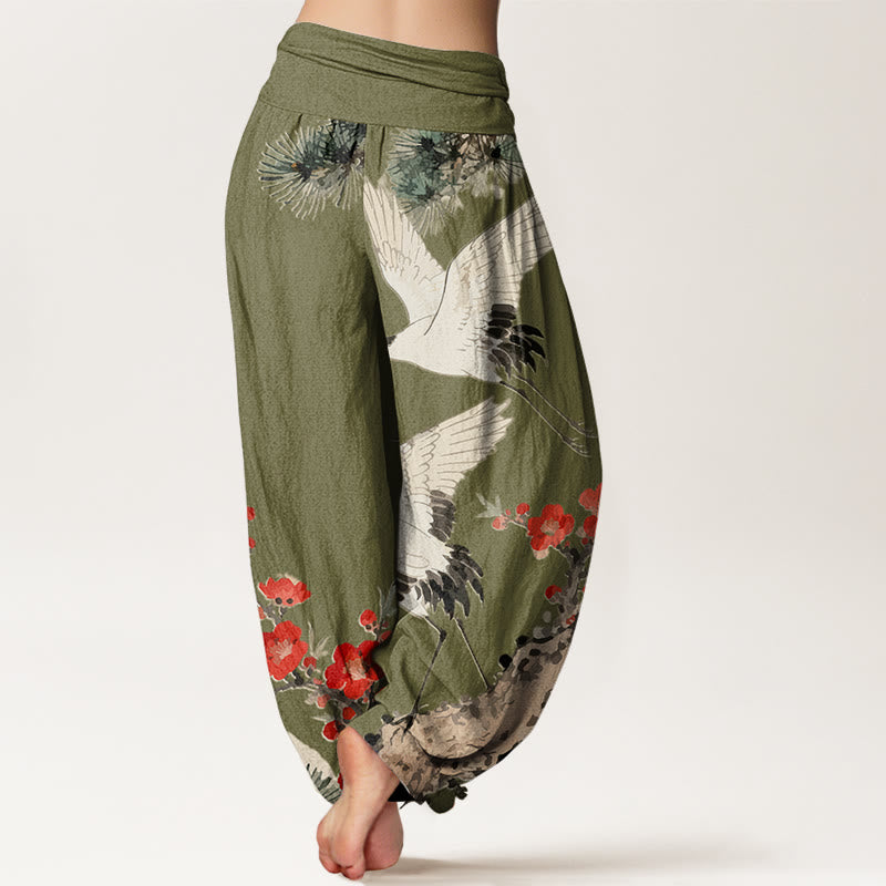 Artisanal Cotton Crane Print Harem Trousers for Mindful Movement