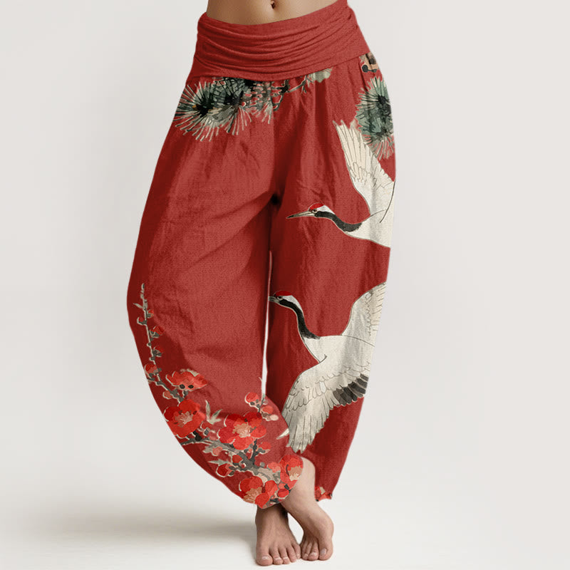 Artisanal Cotton Crane Print Harem Trousers for Mindful Movement