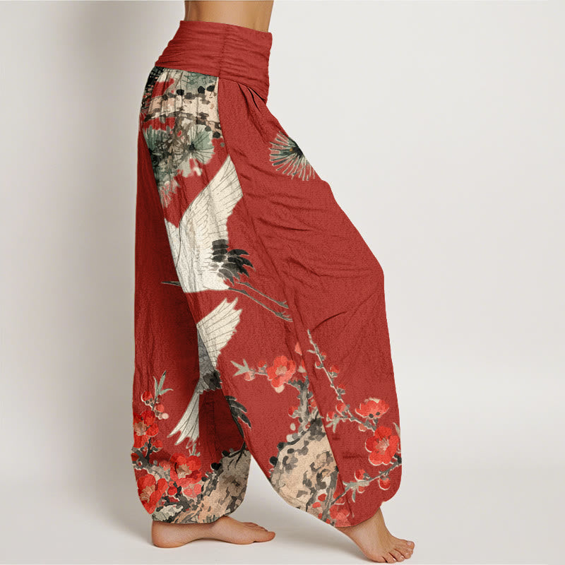 Artisanal Cotton Crane Print Harem Trousers for Mindful Movement