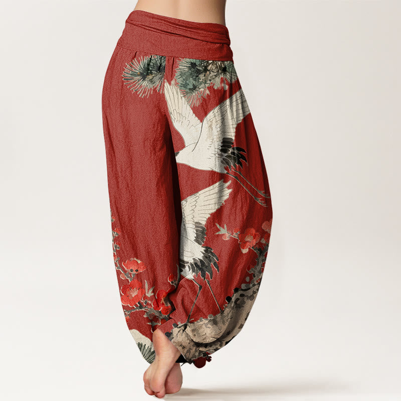 Artisanal Cotton Crane Print Harem Trousers for Mindful Movement