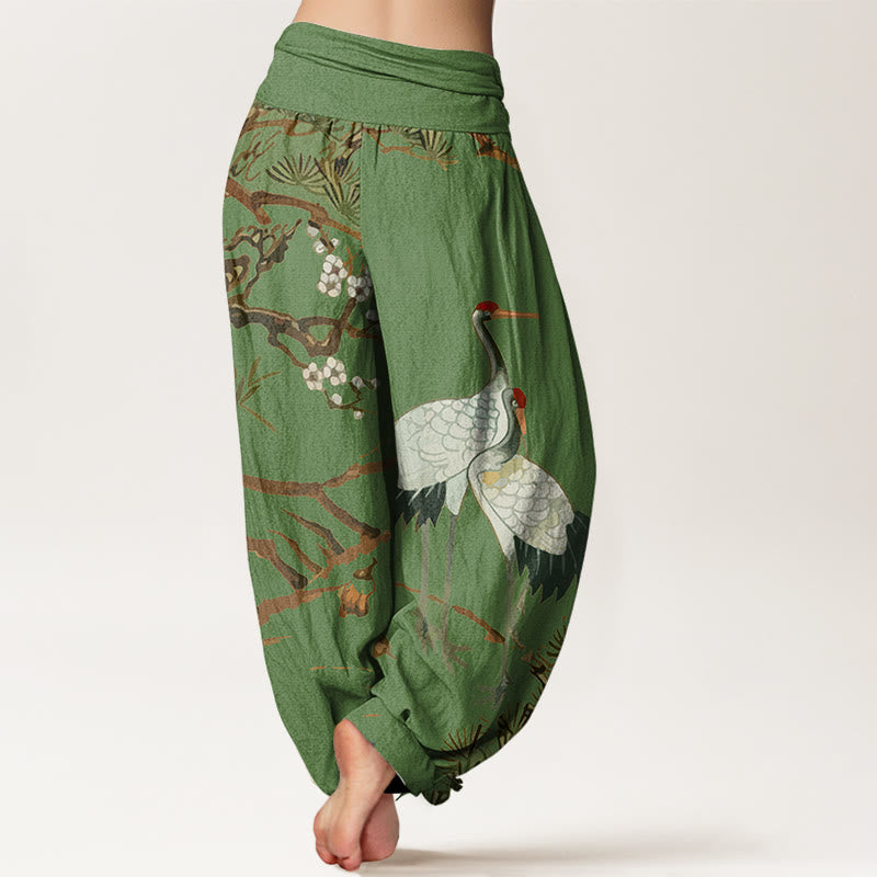 Cotton Harem Meditation Pants with Crane and Pine Botanical Print