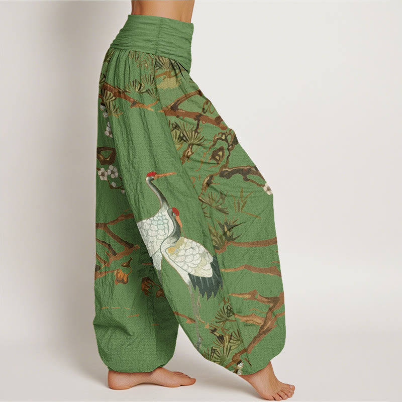 Cotton Harem Meditation Pants with Crane and Pine Botanical Print