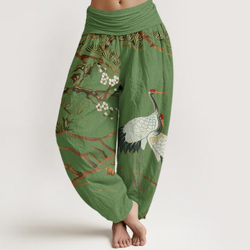 Cotton Harem Meditation Pants with Crane and Pine Botanical Print