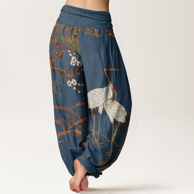 Cotton Harem Meditation Pants with Crane and Pine Botanical Print
