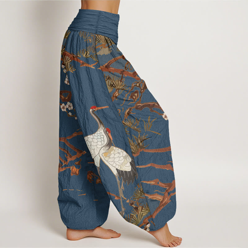 Cotton Harem Meditation Pants with Crane and Pine Botanical Print