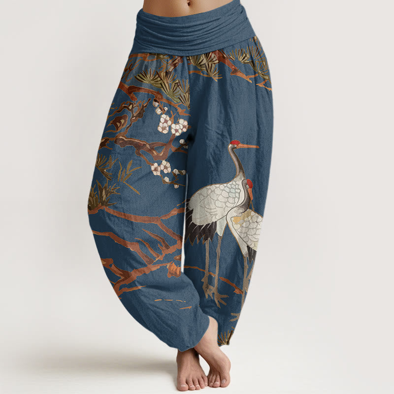 Cotton Harem Meditation Pants with Crane and Pine Botanical Print