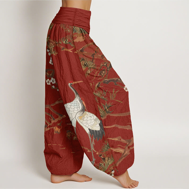 Cotton Harem Meditation Pants with Crane and Pine Botanical Print