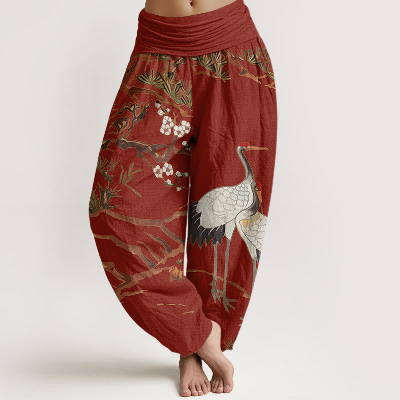 Cotton Harem Meditation Pants with Crane and Pine Botanical Print