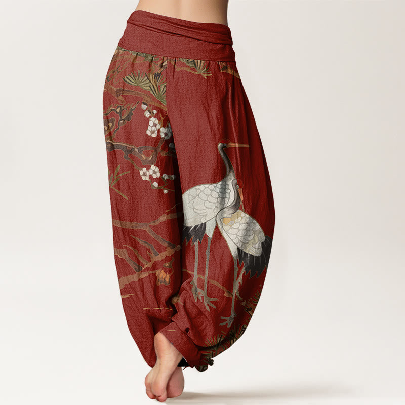 Cotton Harem Meditation Pants with Crane and Pine Botanical Print